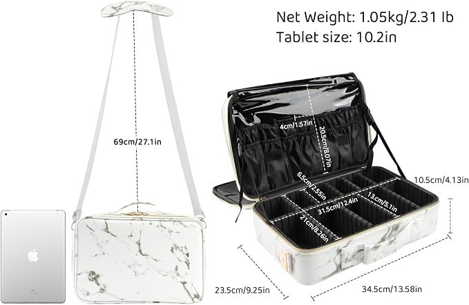 Travel Makeup Train Case,Large Capacity Cosmetic Bags for Women,Portable Makeup Bag Organizer with Adjustable Dividers & Shoulder Strap(Marble White, Medium) - Image 2