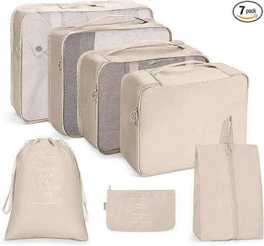 Travel organizer 7 in 1 Packing Cube For Travel Space Saver Laundry Cosmetics Luggage makeup Bag Organizers Set with Shoe Bag for travel (Beige) by Niwlix