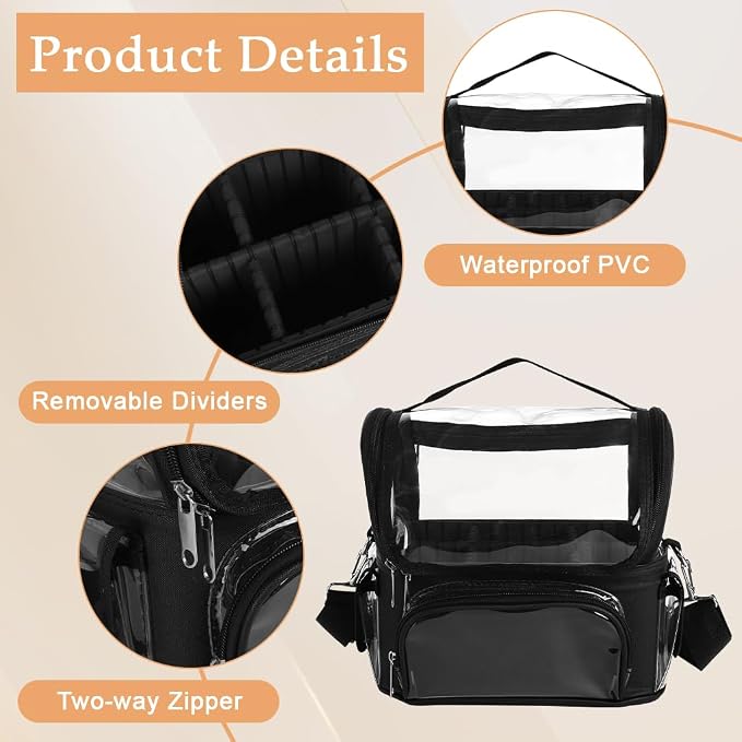 Zibuyu® Makeup Brush Case Clear Waterproof Makeup Organizer Bag with Adjustable Dividers, Multi-Pocket Transparent Vanity Bag for Travel, Artists & Daily Storage, with Handle & Shoulder Strap, Black - Image 3