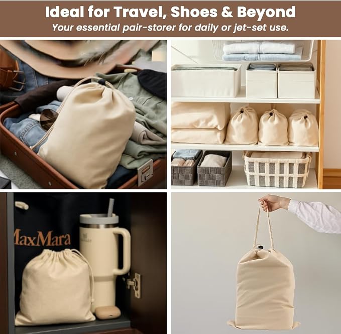 LFH Cotton Rich Shoe Storage Bags with Drawstring, Dustproof Breathable Reusable Organizer, Perfect For Travel, Dorm, Hotel, College, Gym, Easy to Carry, Machine Washable 12"x17" (Pack of 4) - Natural - Image 6