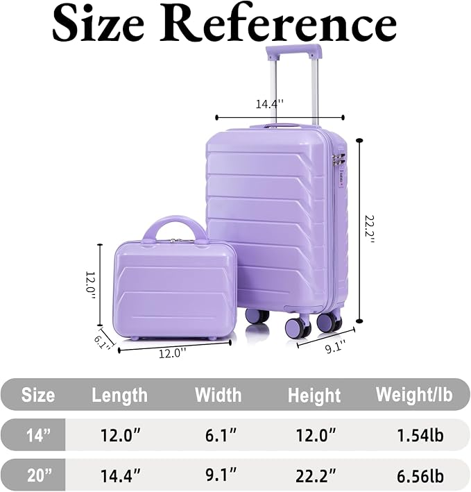 2-Piece ABS Hard Shell Lightweight Carry-On Luggage Set (14" & 20"), 360-Degree Spinner Wheels, Adjustable Telescopic Handle and Combination Lock for Travel, Purple - Image 6