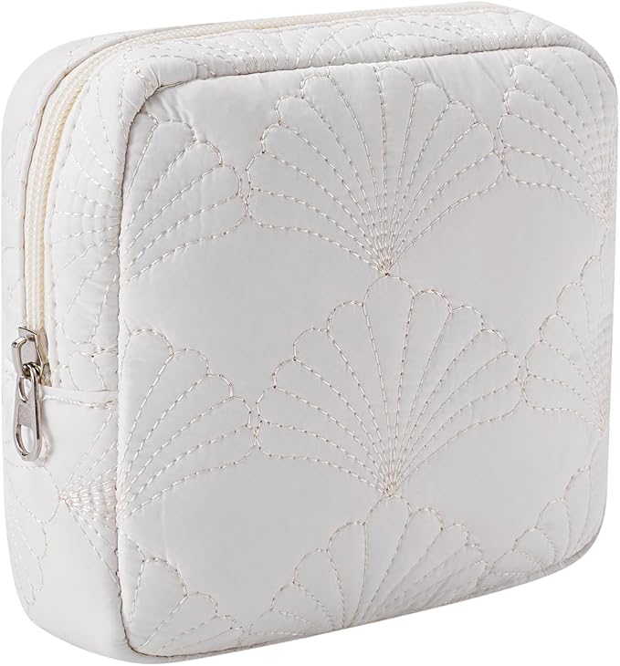 RSRSLEII Small Quilted Cotton Makeup Pouch for Purse, Coastal Granddaughter Aesthetic Cosmetic Bag with Compartments, Cute Seashell Zipper Lipstick Holder for Women and Girls (09 Small Seashell) by RSRSLEII