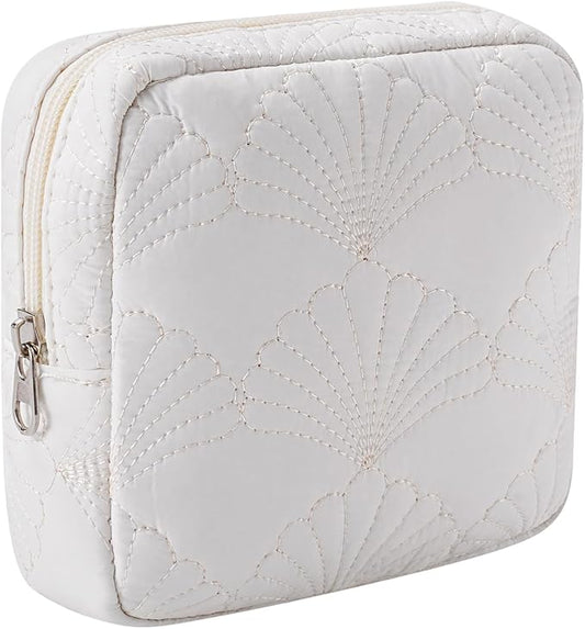 RSRSLEII Small Quilted Cotton Makeup Pouch for Purse, Coastal Granddaughter Aesthetic Cosmetic Bag with Compartments, Cute Seashell Zipper Lipstick Holder for Women and Girls (09 Small Seashell) by RSRSLEII