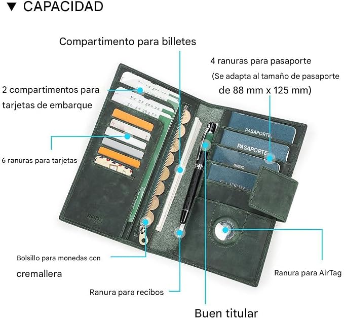 CONTACTS Full Grain Leather RFID Blocking Family Passport Holder for 4 Passport Wallet Compatible with Airtag Travel Passport Cover with 4 Passport Slot, 6 Card Slot (Green) - Image 4