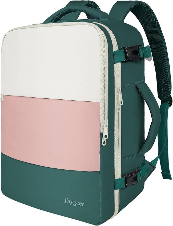 Taygeer Carry On Backpack, 35l Travel Backpack for Women Airline Approved | Cute Underseat Personal Item Travel Bag with Shoe Pouch, Casual Daypack Gifts for Friend Weekend, Beige Peacock Pink by Taygeer
