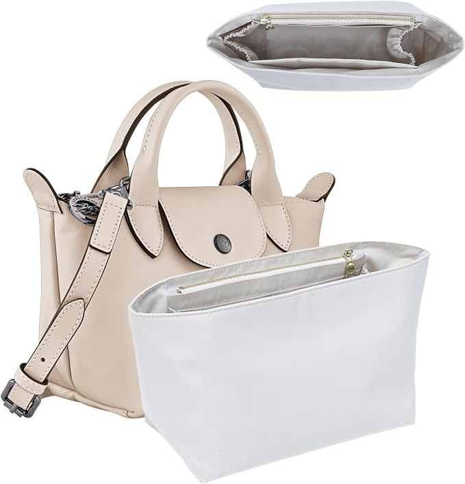 Soft Nylon Purse Organizer Insert for Longchamp Le Pliage Energy S Handbag,Lightweight Luxury Long Champ Small Handbag with Cup Holder,Zipper Bags Inner Linner with 7 Deepened Pockets,S/Beige by OAIKOR