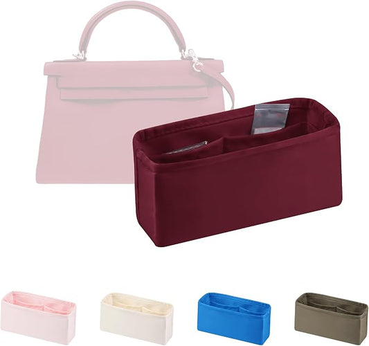 Women's Purse Organizer Insert - Satin & Lightweight Fabric with Inside Pockets, Portable for Commute, Travel, Shopping, and Evening, Multicolor Options, Fits for Kelly 25(Rouge H, KL25 Retourné) by KINGSINBAG
