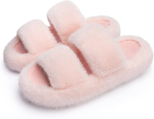 Chantomoo Women's Memory Foam Fuzzy Comfy Faux Fur House Shoes - Furry Bedroom Indoor Open Toe Slippers with Two Bands - Trendy Gift Slippers