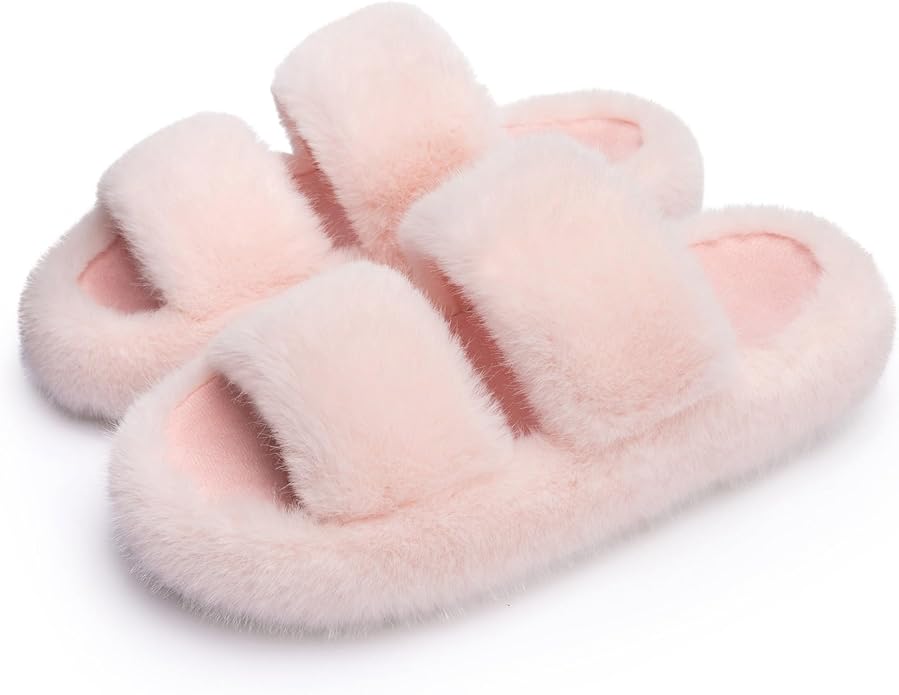 Chantomoo Women's Memory Foam Fuzzy Comfy Faux Fur House Shoes - Furry Bedroom Indoor Open Toe Slippers with Two Bands - Trendy Gift Slippers