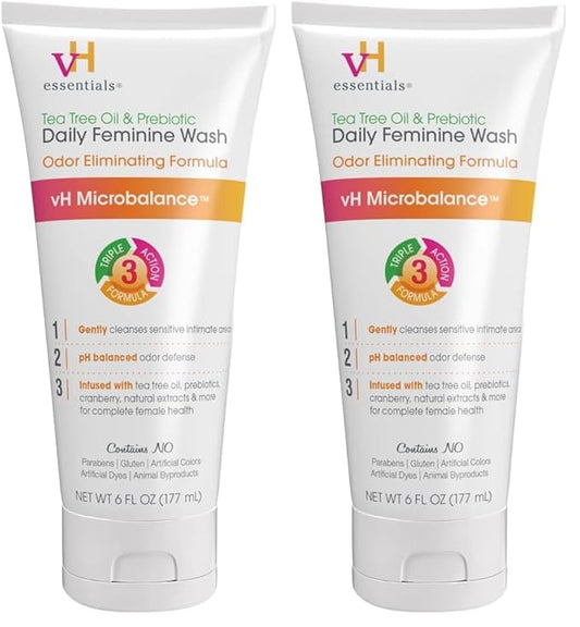 vH essentials, Ph Balanced Daily Feminine Wash, Tea Tree Oil & Prebiotic, 6, Fl Oz, (Pack Of 2) 54306 Clear