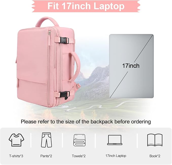 Hanples Travel Backpack for Women, 17 Inch Waterproof Laptop Backpack | 35L Carry on Backpack, TSA Flight Approved Anti Theft Travel Bag, Casual Daypack with 2 Toiletry Bags for Trips, Pink - Image 4