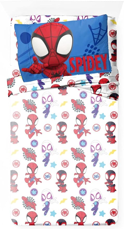 Jay Franco Kids Sheet Set with Fitted, Flat Sheets & Pillow Cover - Ultra-Soft Bedding with Pillowcase for Room Decor, White - Spidey & Friends, 4 Piece Full - Image 2