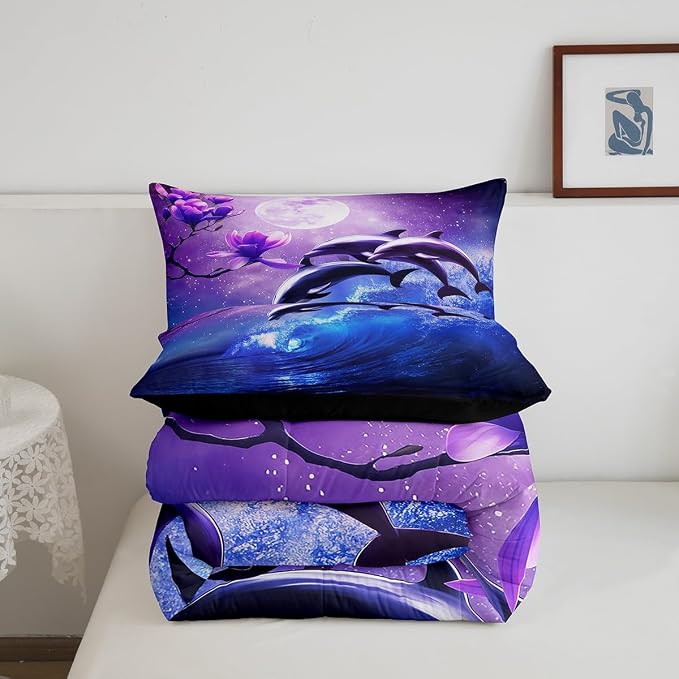 Galaxy Dolphin Bedding Set King Coastal Ocean Waves Comforter Set Night Star Moon Cherry Blossoms Comforter for Kids Girls Teens Sea Animal Starry Sky Quilt Duvet Purple Blue Marine Room Decor 3 Pcs - Image 5