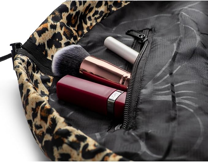 Lay-n-Go Cosmo Layflat Drawstring Cosmetic & Makeup Bag Organizer w/Zipper Pocket, Brush Loops & More, Cinch to Close, Lay Flat to Use, Durable, Machine Wash, Travel Toiletry Bag (20", Leopard) - Image 4