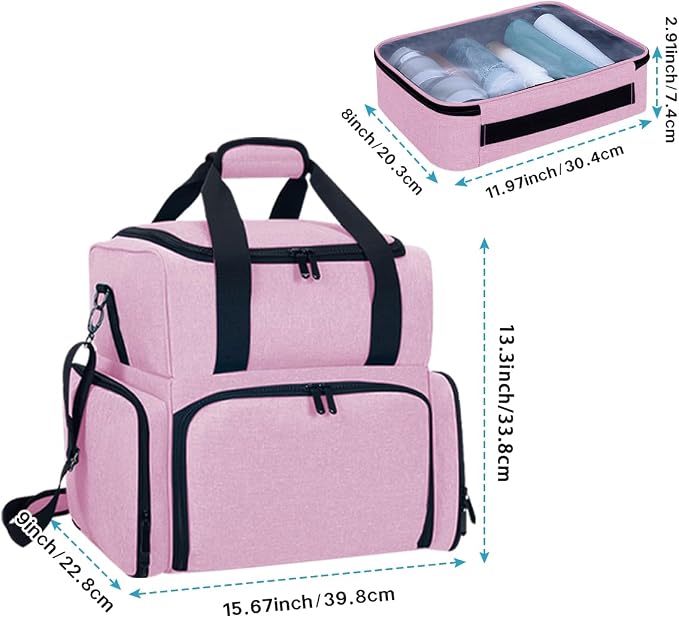 Large Makeup Bag with 2 Removable Case Cosmetic,Pink | Large Makeup Bag with 2 Removable Case Multifunctional Cosmetic Bag Double Layer Travel Toiletry Organizer - Image 2
