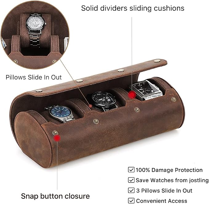 Hiram Leather Watch Roll Travel Case,Vintage Crazy Horse Leather 3-Slots Watch Box with Removable Velvet Pillows, Secure Metal Clasp, Perfect for Daily Display & Business Travel - Image 4