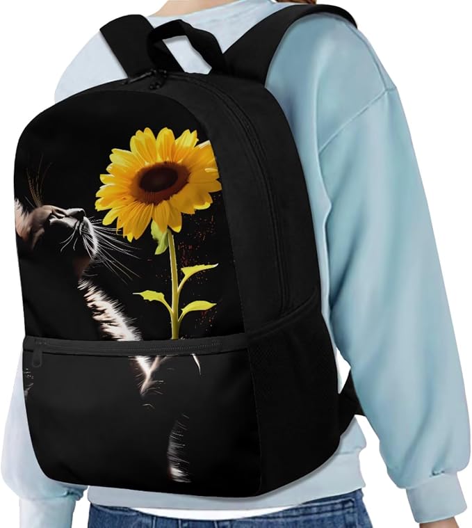 Sunflower Cat Backpack for Girls Kids Backpack with Lunch Box Water Bottle Bag and Soft Pencil Case 4PCS Set Bookbag with Front Pocket for School Teens 17 inch Large Capacity School Bag - Image 2