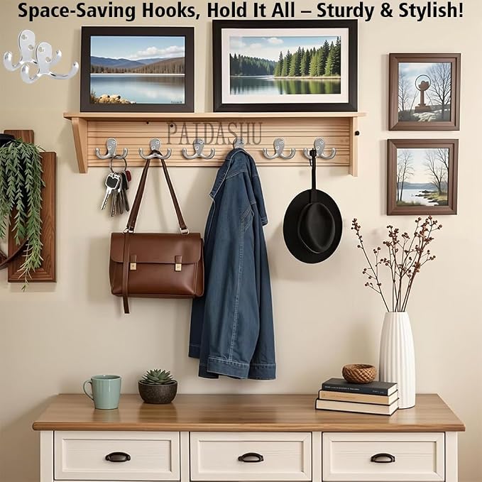 6 Pack Coat Hooks Wall Hooks for Hanging, Heavy Duty Double Prong Metal Hook Wall Mounted for Living Room, Bathroom, Kitchen, Bedroom for Coat, Bag, Scarf, Towel, Hat, Key, Cup (Silvery) - Image 5