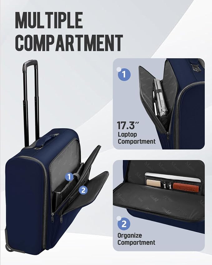 MATEIN Rolling Garment Bags for Travel, Large 2-Wheeled Suit Carrier, Blue | Foldable Travel Suit Bag with Wheels, 2 Packing Cubes, Check-in Suitcase Luggage, For Business Trips, Fits 17.3 Inch Laptop - Image 5
