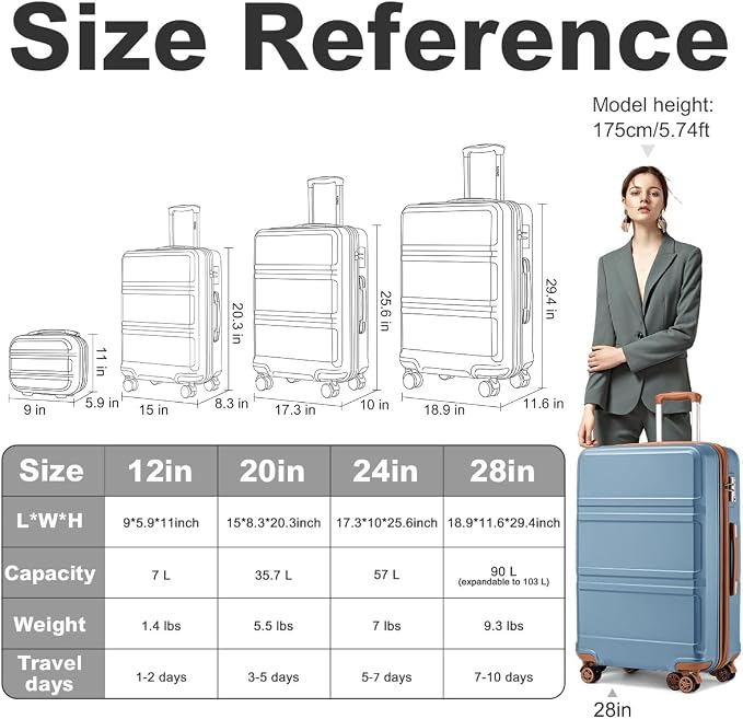 Kono 28 Inch Luggage Expandable Suitcase with Spinner Wheels TSA Lock | Lightweight PC+ABS Hardside Large Checked Luggage Durable Rolling Suitcase Apricot Blue - Image 6