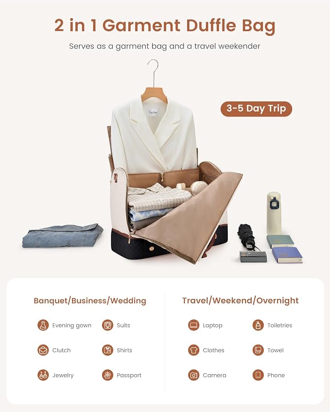 LOVEVOOK 2 in 1 Garment Bag for Women with Shoe Pouch, Convertible Hanging Suit Bag Suitcase, Carry On Travel Duffel Bag with Toiletry Bag, Waterproof Weekender Bag for Business, Trip, Wedding - Image 6