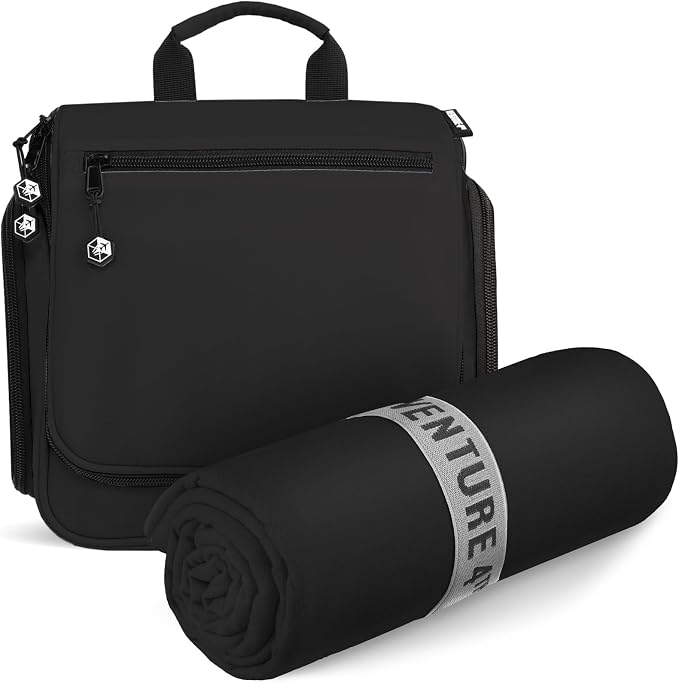 VENTURE 4TH Travel Toiletry Bag & Quick Dry Towel Set - Ideal Travel Bundle for Camping, Hiking, Backpacking and Business Trips - Size L Travel Towel by VENTURE4TH