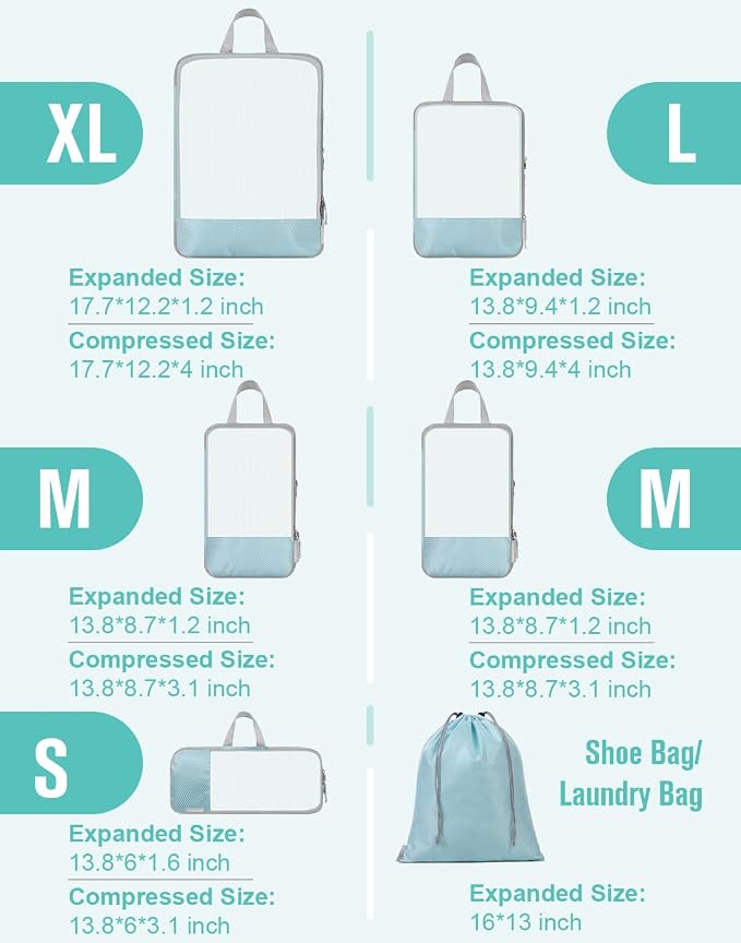 WOOMADA Compression Packing Cubes for Suitcases Travel Essentials 6 Set Rectangle Mesh Expandable Travel Bags Organizer for Luggage - Image 2