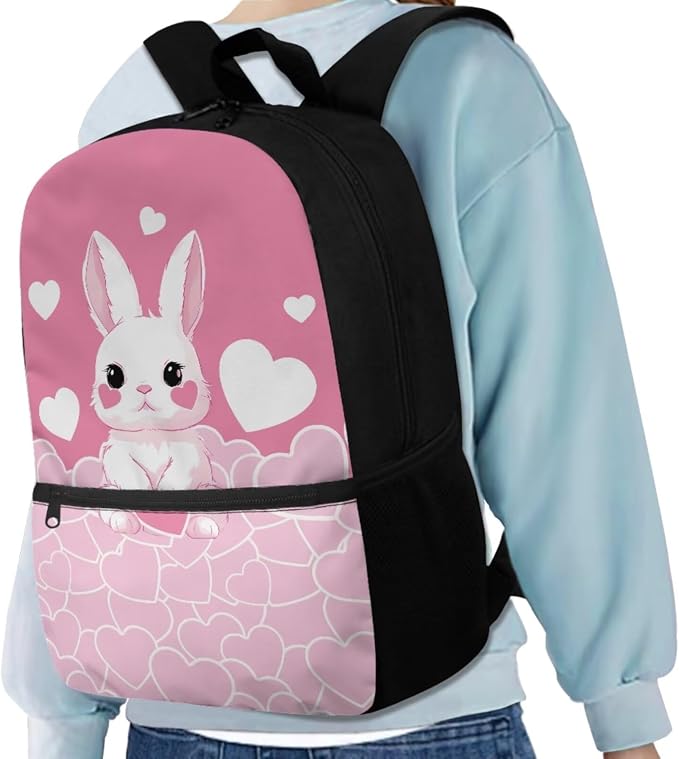 Bunny Backpack for Girls Kids Backpack with Lunch Box Water Bottle Carrier with Strap and Cute Pencil Case 4PCS Set Bookbag with Front Pocket for School 17 inch School Bag for Elementary Girls - Image 2