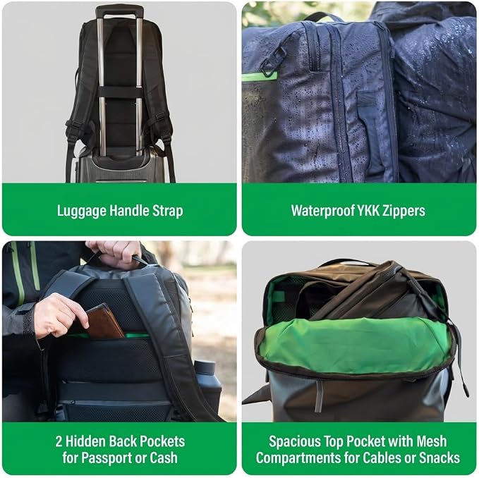 COR Surf Travel Backpack Carry On Backpack for Airplanes - Island Hopper 2.0 - Travel Backpack with Clamshell Design -Black with Green Zipper - Image 3