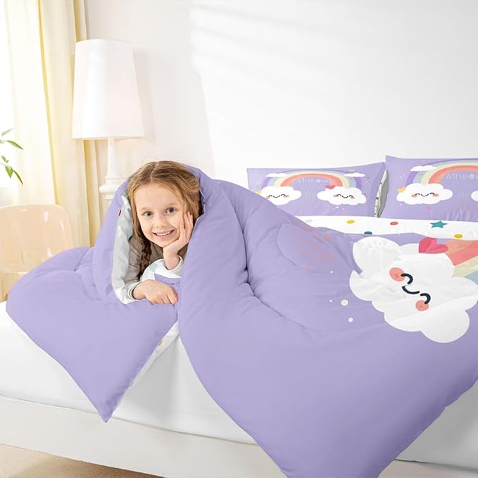 Erosebridal Rainbow Comforter Set for Kids, Cartoon Cloud Down Comforter King Size Kawaii Rainbow Bedding Set for Girls Boys Teens Women, Cute Love Heart Duvet Sets for Bedroom Decor, Purple - Image 5