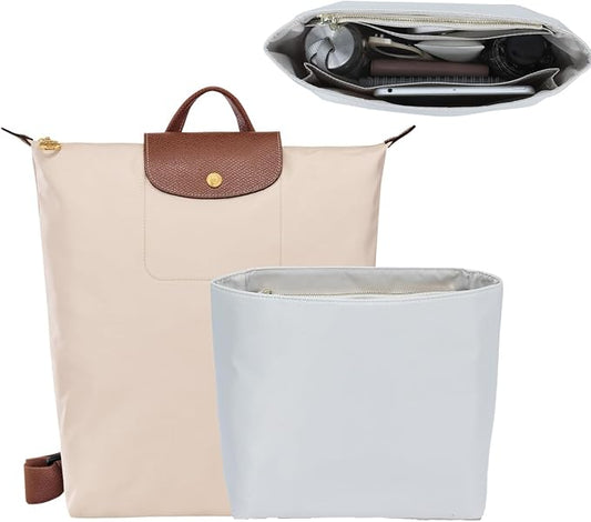 Soft Nylon Purse Organizer Insert for Longchamp Le Pliage M Backpack,Lightweight Luxury Long Champ Medium Backpack Divider Shaper,Zipper Bags Inner Linner with 4 Deepened Pockets,M/Beige by OAIKOR
