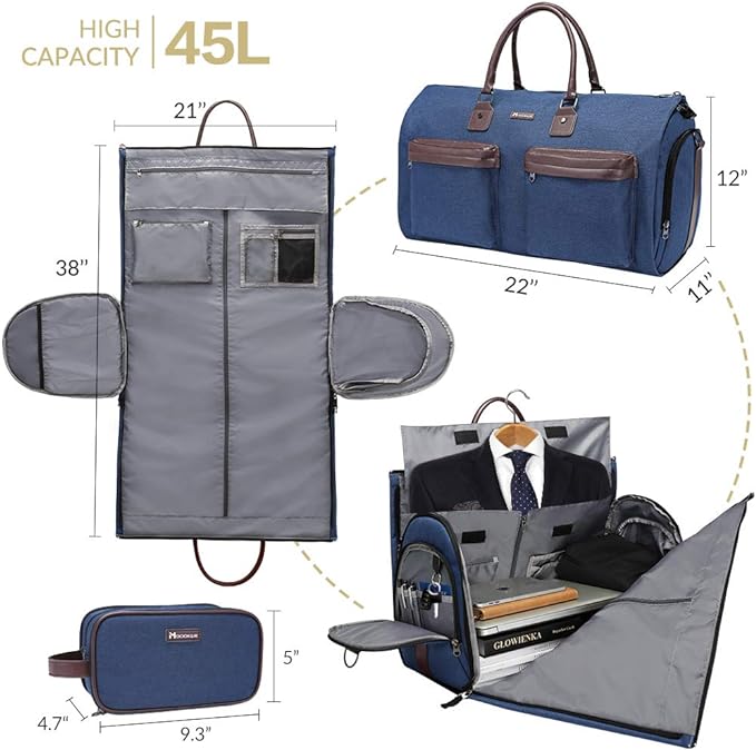 Convertible Garment Bag with Shoulder Strap, Modoker Carry on Garment Duffel Bag for Men Women - 2 in 1 Hanging Suitcase Suit Travel Bags, Blue, 45l, Casual, Convertible - Image 2