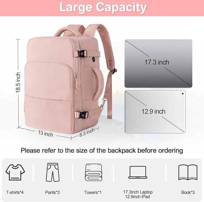 Sinaliy Travel Backpack, Carry on Flight approved Travel Bag with Multi-Pockets, Waterproof 17.3inch Laptop Backpack for Men Women, Pink | Waterproof 17.3 Inch Laptop Backpack with Multi-Pockets, Personal Item Travel Bag for Women Work, College, Busine... - Image 5