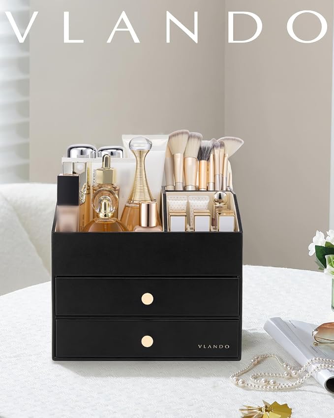 VLANDO Makeup Organizer for Vanity,Large Capacity Countertop Organizer with Drawers, PU Leather Cosmetic Display Case for Lipstick,Brushes,Skincare,Bedroom Storage (Black) - Image 6