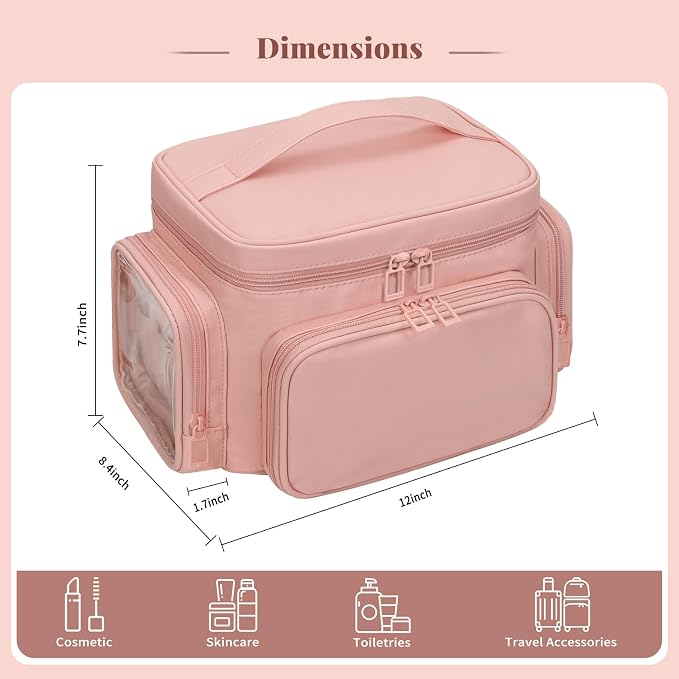 Bagmoly Large Makeup Bag, Portable Travel Makeup Bag Organizer for Women Girls with Makeup Brush Compartment & Two Side Pockets, Cosmetic Travel Bag Vertical Storage Toiletry - Pink - Image 7