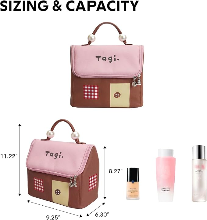 Tagi. Signal House Large Capacity Travel Makeup Bag, Waterproof PVC Cosmetic Bag for Women, Wide-Open Flat Pouch for Brushes & Skincare, Portable Organizer with Handle & Dividers - Image 3