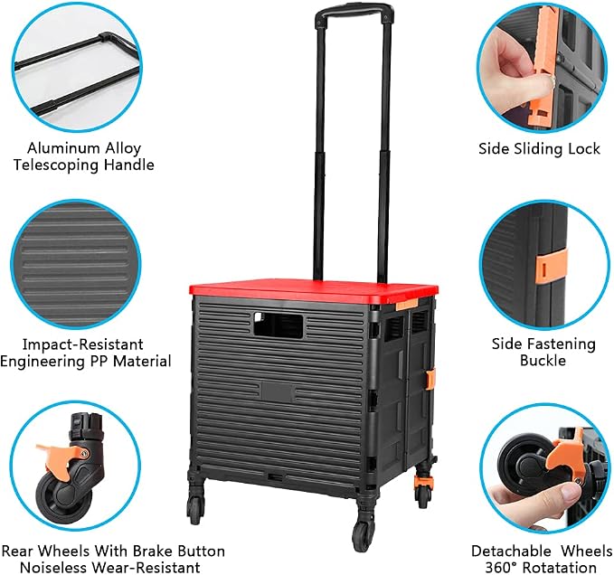 FELICON SELORSS Foldable Utility Cart Folding Portable Rolling Crate-Red | Heavy Duty,Telescoping Handle,4 Rotate Wheels,Collapsible Handcart for Travel Shop Move Luggage Laundry Teacher Office Use - Image 2