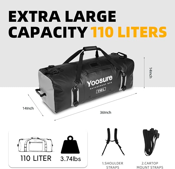 110L Waterproof Duffel Bag 35IN - Airtight Zipper Dry Bags, Extra Large Dry Bag with Straps&Handles for Camping Boating Kayaking Rafting Canoeing Gym Beach Car Roof Storage (Black) - Image 5
