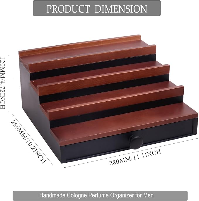 4 Tier Men's Cologne Organizer, Wooden Stand with Drawer Storage, Two Tone | Cologne Shelf and Rack, Perfume Tray, Hidden Storage, Countertop Dresser Display, Birthday Christmas Gift for Men - Image 7