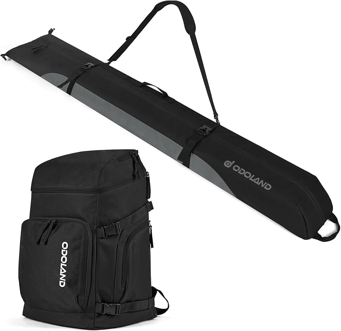 Odoland Ski Bag and Boot Bag Combo, Padded Ski Bags for Air Travel, Snow Ski bags Fit Ski Up to 200cm, Waterproof Double Bag for Storage, Transport Ski Gear, Black & Grey by Odoland