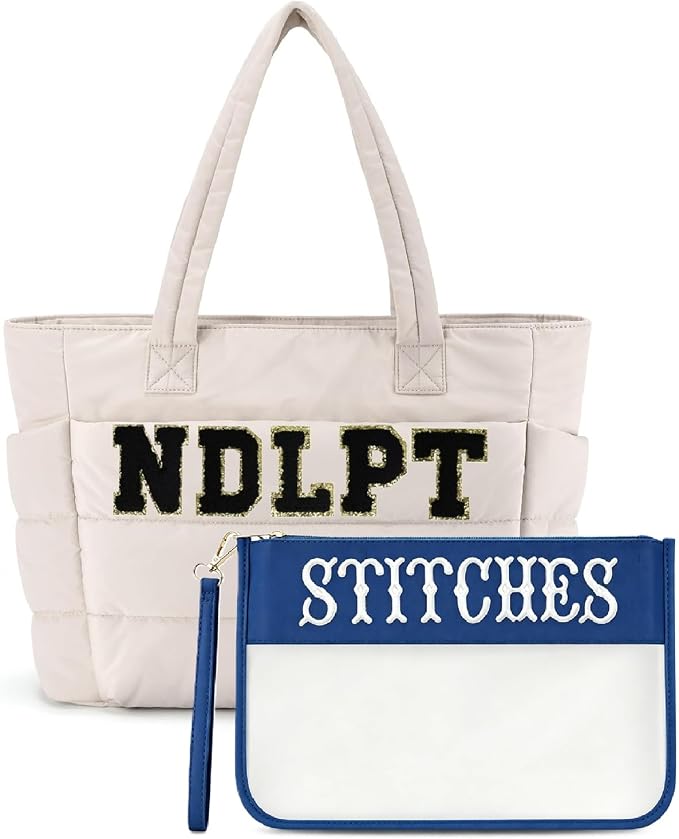 Needlepoint Tote Bag & Clear Zipper Pouch—Puffy Craft Organizer-Beige/Navy | Lightweight Puffy Project Bag for Embroidery Sewing Craft Storage Organizer/ 20L/Padded compartment– Gifts for Stitchers by RF+REENFAYA