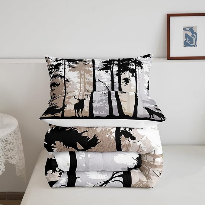 Erosebridal Rustic Deer Comforter Sets for Kids Boys Girls,Vintage Elk Antlers Duvet Insert Twin,Watercolor Trees Landscape Bedding Set,Woodland Animal Wolf Moose Quilt Comforter with 1 Pillowcase - Image 5