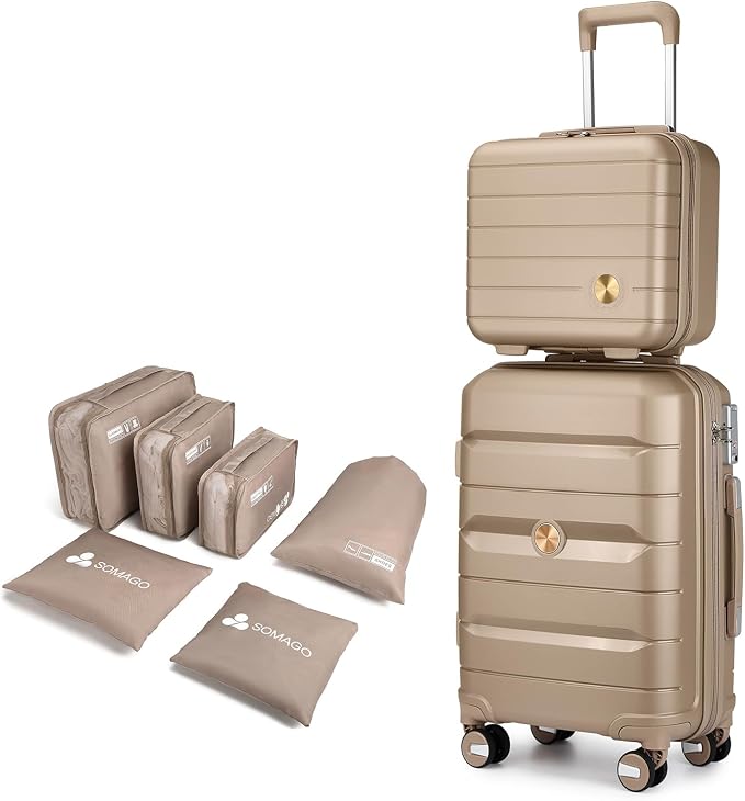 Somago 20 Inch Carry On Luggage Sets Hardside Suitcase with Double Spinner Wheels and TSA Lock YKK Zipper (Noble Golden,14/20) by SOMAGO
