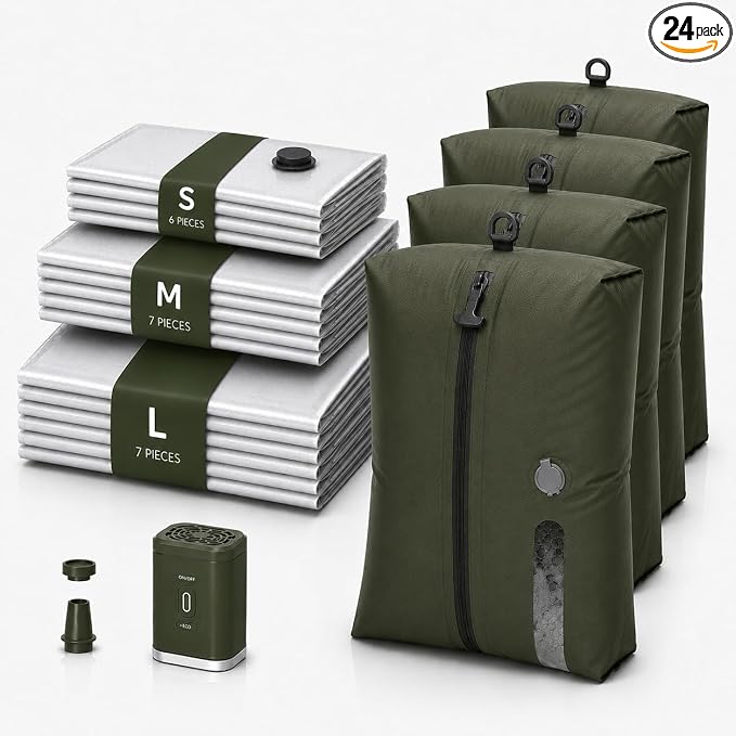 24 Pcs. Travel Vacuum Bags with Pump for Home and Travel TPU&PAPE Set 4 Waterproof 20 Vacuum Bags, High-power Pump, Space-saving Compression Packing Luggage Reusable Seal -Green Sizes by Unknown