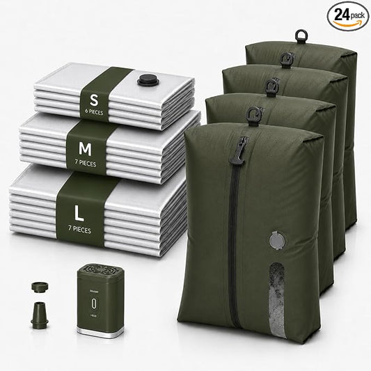 24 Pcs. Travel Vacuum Bags with Pump for Home and Travel TPU&PAPE Set 4 Waterproof 20 Vacuum Bags, High-power Pump, Space-saving Compression Packing Luggage Reusable Seal -Green Sizes by Unknown