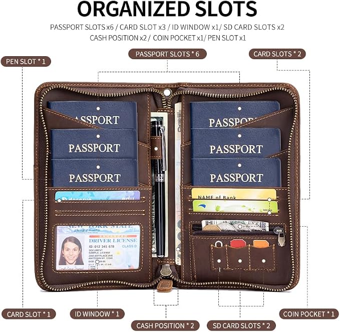 Passport Holder for Travel Family with Strap Genuine Leather RFID Blocking Travel Document Organizer Wallet with Pen Holder, Brown - Image 6