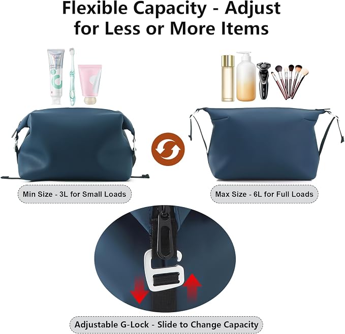 Vomgomfom 6L 13 Inch Silicone Toiletry Bag, Waterproof Leakproof Travel Cosmetic Organizer, Adjustable G-Buckle Compression Dopp Kit, Foldable Makeup Bag for Women & Men (Navy, 13" 6L) - Image 3