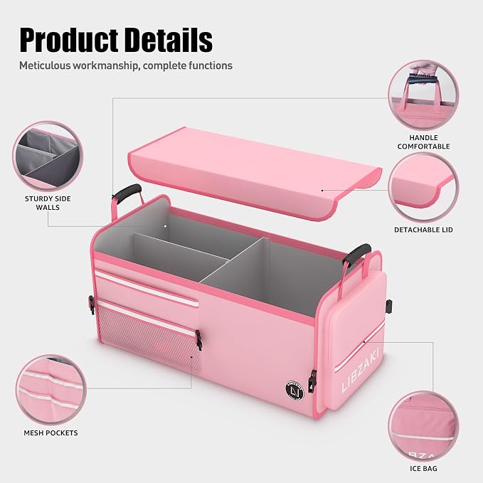 LIBZAKI Car Trunk Storage Organizer, Multi Compartment Collapsible Trunk Storage Box for Car Truck SUV-Pink - Image 4