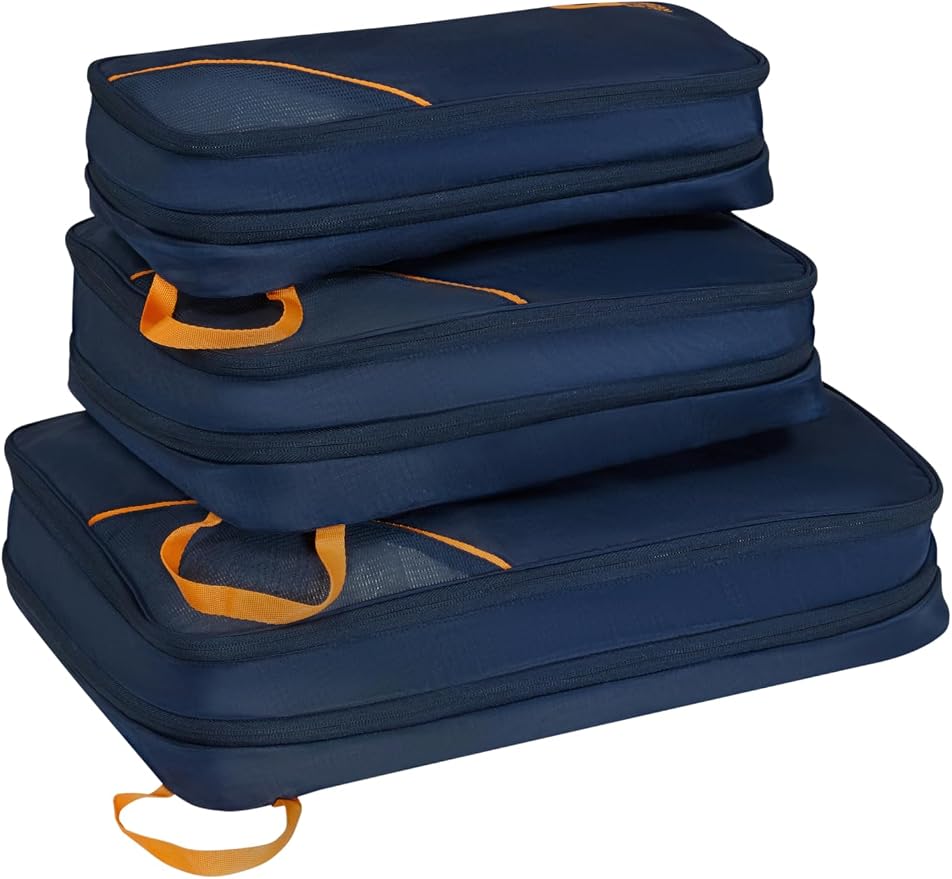 American Tourister Packing Cube Set of 3 - Suitcase Organiser for Holidays, Luggage Organiser for Suitcases, Hand Luggage and Backpack, Dark Blue/Orange - Image 3