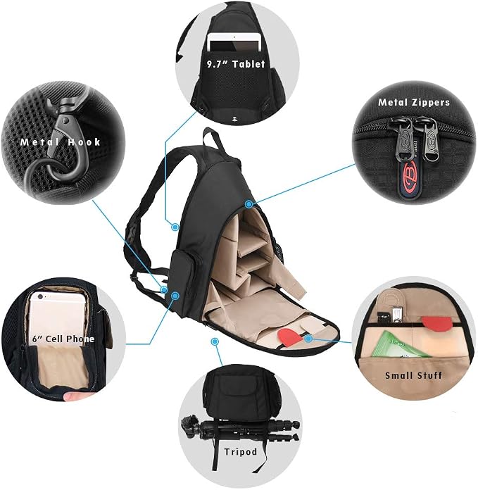 DSLR Camera Bag Waterproof Camera Sling Backpack with Rain Cover Outdoor Travel Backpack Camera Bag Case for Laptop Canon Nikon Sony Pentax DSLR Cameras,Lens,Tripod and Accessories (Black) - Image 6